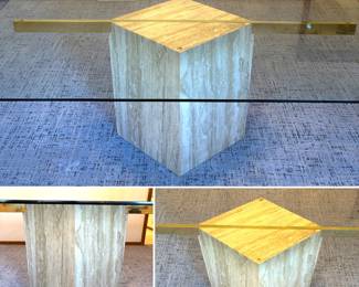 MCM travertine dining table with marble base and glass top by Artedi