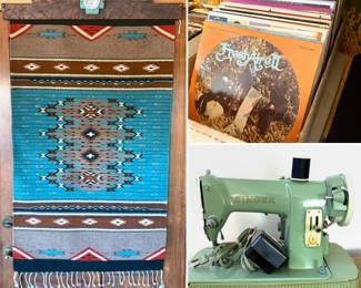 Vintage southwest Native American tapestry, collection of vintage records and a vintage Singer 185K sewing machine.