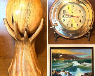 Vintage Bey Berk Quartz porthole clock, vintage oil on canvas seaside painting, vintage Harold Adams wood sphere abstract art