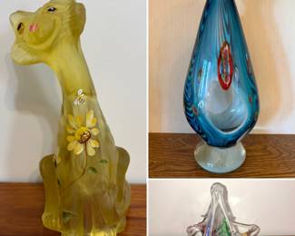 A Fenton Art Glass Alley Cat figurine, hand-painted with a floral design, a Murano glass vase and a vintage Murano art glass basket.