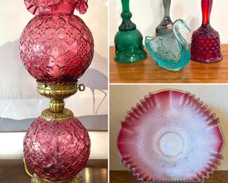 A vintage Fenton Cranberry Spanish Lace Gone With The Wind table lamp, a collection of vintage Fenton art glass bells and a glass swan and vintage Art Glass bride's bowl