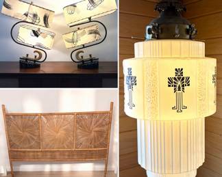 A pair of mid-century modern Majestic Z-lamps with fiberglass shades, a vintage rattan headboard and a an Art Deco "skyscraper" style pendant light, also known as a "wedding cake" chandelier, made of milk glass with a black linear motif.