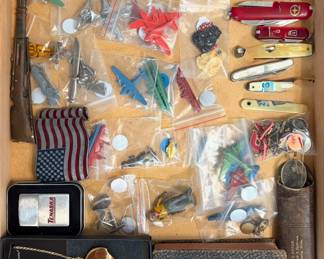 Vintage toys, pocket knives, tokens