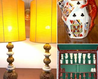 A pair of vintage Hollywood Regency gold glass ball table lamps, a Royal Bayreuth "Devil and Cards" pitcher, and a chess set made out of Onyx marble.