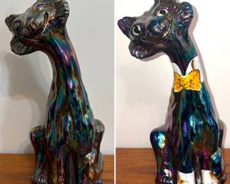 Two vintage Fenton Art Glass Alley Cat figurines in an iridescent carnival glass finish.