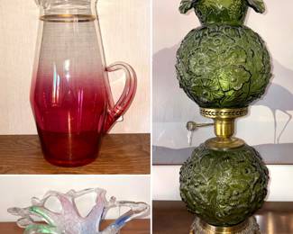 A vintage Blendo glass pitcher, a Murano art glass bowl, and a Fenton Colonial Green Poppy Gone with the Wind lamp.
