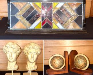 Vintage wooden box with stain glass front, a pair of Michelangelo's David decorative head busts and a pair of vintage wooden bookends with rotating globes.