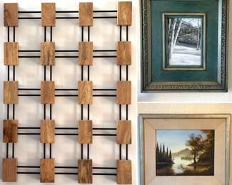 Pathways Wall Sculpture made by Ethan Allen, vintage painting titled, “Winter Trees” by G. von Trier and a vintage oil on canvas framed painting by R. Huff