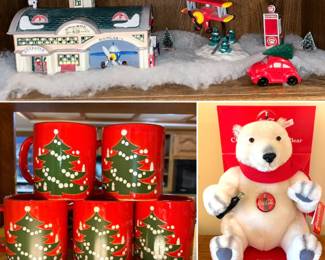 A Department 56 "Snow Village" Christmas decoration set, a set of Waechtersbach Christmas Tree mugs and a Steiff limited edition Coca-Cola Polar Bear plush.