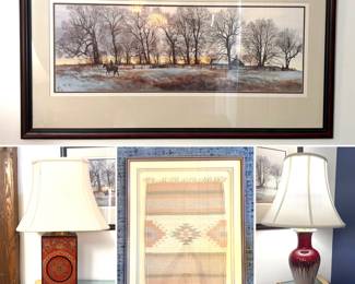 “Winter Landscape with Horse Rider" by the artist Peter Sculthorpe, Scully and Scully Chinoiserie table lamp, framed Zapotec Native American weaving rug, ceramic flambe table lamp