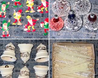 Lot of 8 vintage plastic gnome elves, vintage bell ornaments, Vintage Filigree christmas lightbulbs, and vintage plastic icicle ornaments