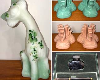 Fenton Alley Cat figurine, two pairs of Fiesta Pyramid Candle Holders and a Cross Townsend Fountain Pen set.