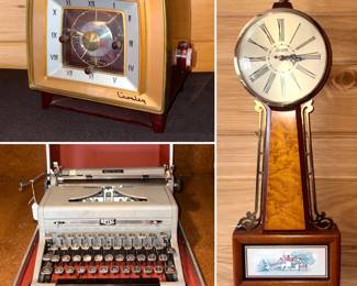 A vintage Crosley F-25 clock radio, a Royal Quiet Deluxe portable typewriter and a Sessions banjo clock.