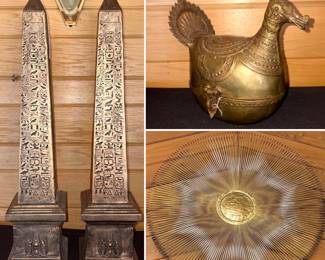 An Egyptian obelisk statue, a Dhokra brass bird box, and a vintage Mid-Century Modern starburst wall sculpture