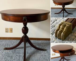 Antique brass clawfoot pedestal table with front drawer