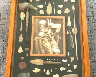Native American artifact shadow box. Arrowheads, hatchets, stone tools, ceramic pieces, pipes, etc.
