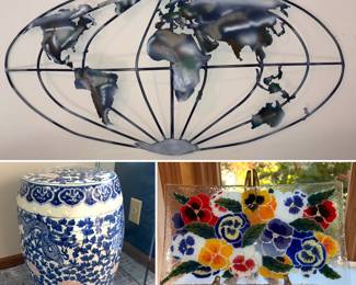 Curtis Jere style Globe Hemisphere metal wall art, red peony dragon porcelain garden stool, Peggy Karr floral Pansies plate