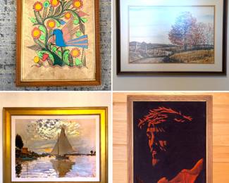 A piece of Mexican folk art, specifically an amate bark painting, a framed print of Claude Monet's "Sailboat at Le Petit-Gennevilliers,” Vintage rustic autumn watercolor painting by David Scotland and a painting of Jesus Christ wearing the Crown of Thorns by Paige Taylor.