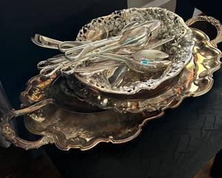 Silverplate trays, dishes and utensils