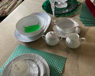 Mikasa Prelude service for 16! Grey swirl band with white interior and silver trim.