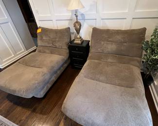 Upholstered Chaises, table, lamp