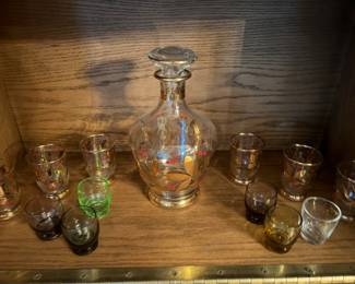 Vintage glass hand painted decanter and cordials
