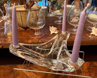 Signed Daum France Modernist 3 Candle Crystal holder