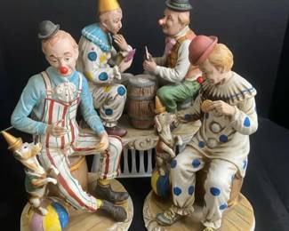 Two Porcellane DArte Sitting Clowns  Vintage Capodimonte Clown With Dog