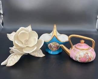 Vintage Limoges Mini Teapot And Bowl With Lenox Classic Magnolia Decor