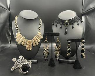 Black Costume Earrings And Lace Choker With Silver Toned Necklace And Wire Cuff