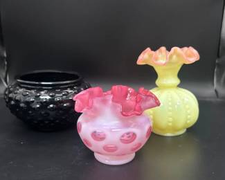 Vintage Fenton Cranberry Coin Dot Ruffled Edge Vase With Fenton Beaded Melon Vase And More