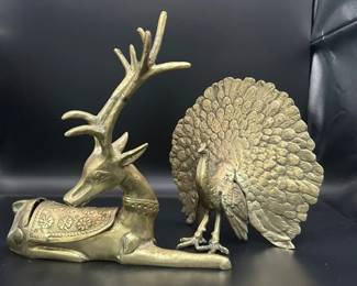 Vintage Heavy Brass Peacock And Spotted Deer Trinket Holder