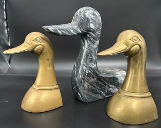 Vintage Brass Korean Duck Bookends And Marble Duck Decor Piece