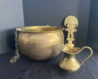 Hanging Brass Planter With Small India Made Pitcher And Peru Wall Hanging