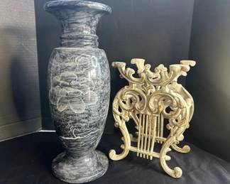 Vintage Cast Iron Sheet Music Holder And Solid Marble Floral Etched Vase