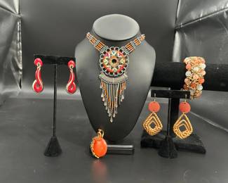 Beaded Native American Style Necklace Orange Peacock Pendant Bracelet And Two Pairs Of Earrings
