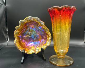 Vintage Loganberry Amber Carnival Glass Dish With Amberina Glass Vase