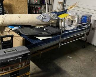 Hospital bed with pressure relied mattress, other home health itmes, tool box. wool rug.