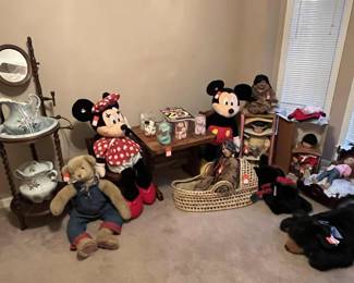 Wash Stand, Patty Duke Bear, Minnie, and Mickey sitting at child table, Moses Basket with Indian sitting in it, Indian Dolls, Mickie, Bears, American Girl