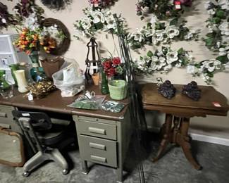 Vintage metal desk and chair.  Federal table and hand carved Lions heads