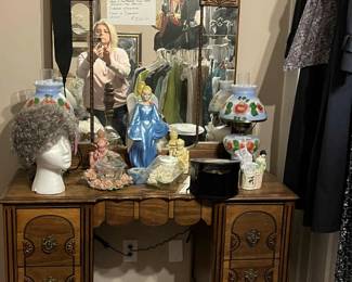 Antique dresser with mirror.  Vintage wigs, Milk Glass handpainted lamps