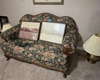 Broyhill Oak Trimmed Camel Back Love Seat, Brass Lamps and Vintage Pictures, Brass Eagle