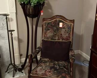 Antique Gooseneck Sewing Rocker and Hand Carved Mahogany  Gooseneck Plant Stand