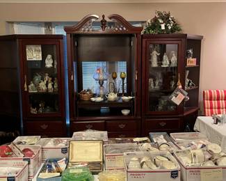 Entertainment center, Fenton Glass Lamp, Various glassware