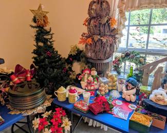 #36 Six foot Christmas tree w/Star $30 #37 Artificial Fruit tree in Wooden Pot $25