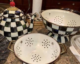 Mackenzie Childs Courtly Check Paper Towel Holder, 9.5” Strainer, 6” Strainer, Mackenzie Childs Courtly 
Check Tea Kettle!