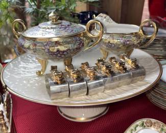 Lenox Ivory/24  Gold Trim Cake Stand, Vtg Asian Cream & Sugar Set, Vtg Aukey Silverplate Bow  Napkin Ring Holders!


