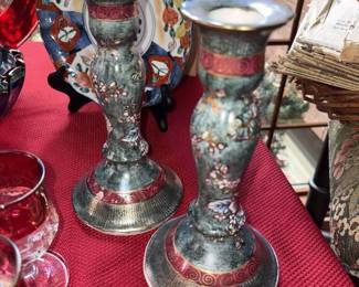 Vtg Porcelain Green/Pink & Gold Candlesticks!
