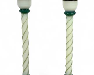 Pair Of Fry Foval Jade Green Silver Overlay 10" Candlesticks