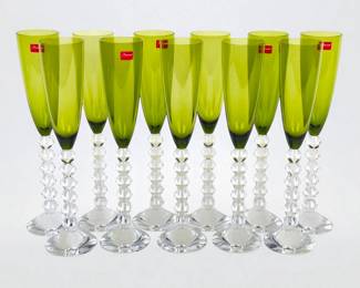 (11) Baccarat Crystal Green and Clear Stem Glasses, New in Box